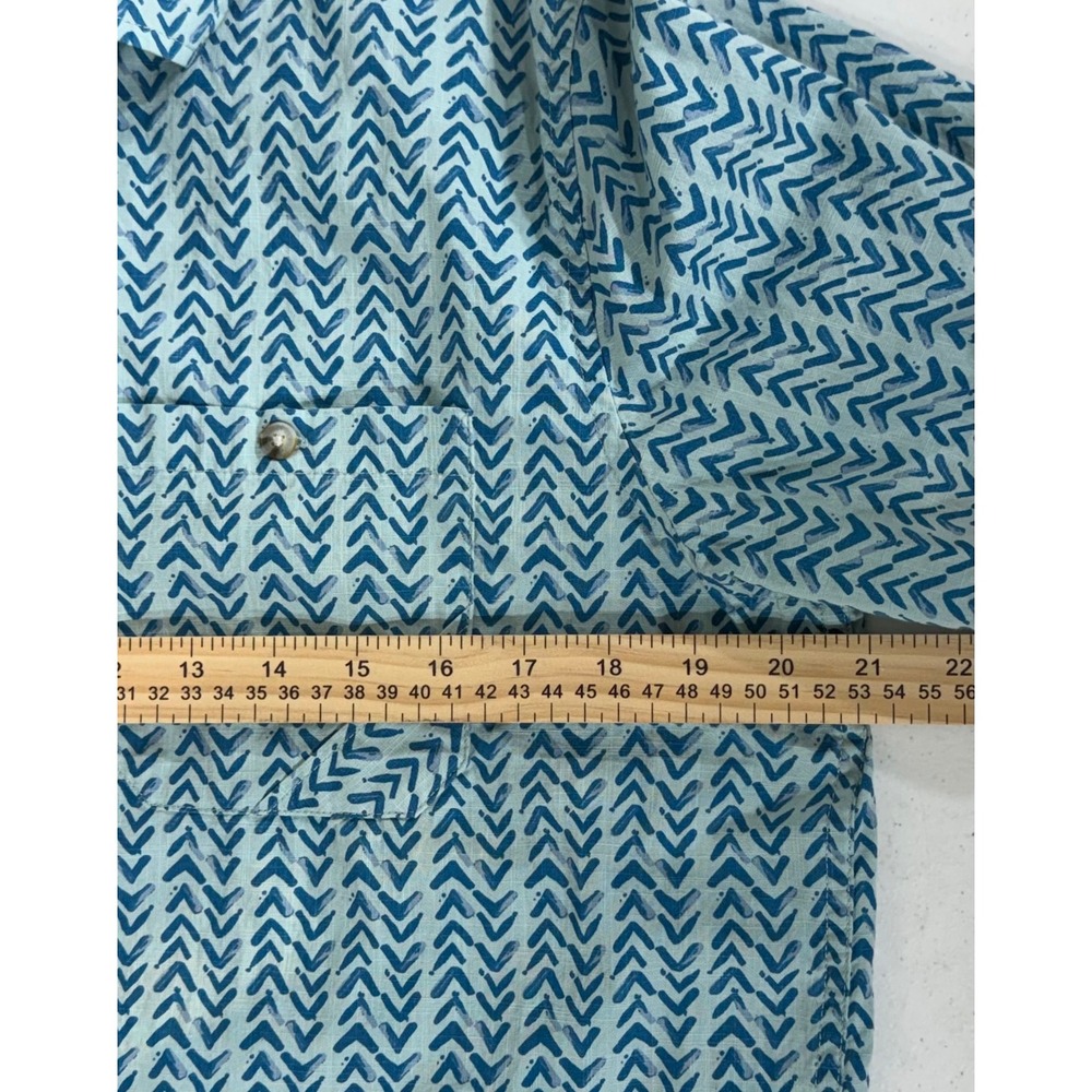 Toad&Co Button Front Camp Shirt Size Medium Teal Blue Geometric Organic Cotton - Picture 5 of 6
